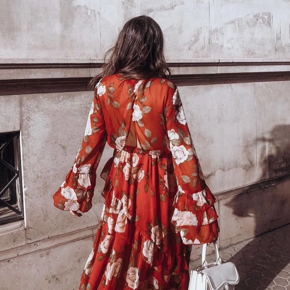 ZARA FLOWY RUFFLE TRIM LONG DRESS WITH TIE ROSE PRINT RED - Picture 12 of 16
